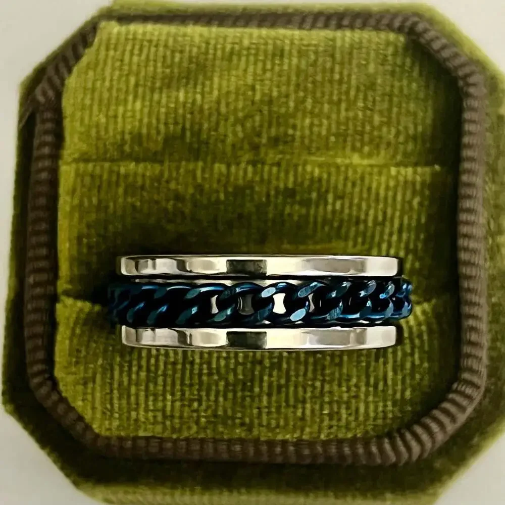 Stainless Steel Two Tone IP Blue Chain-Link Spinner Ring